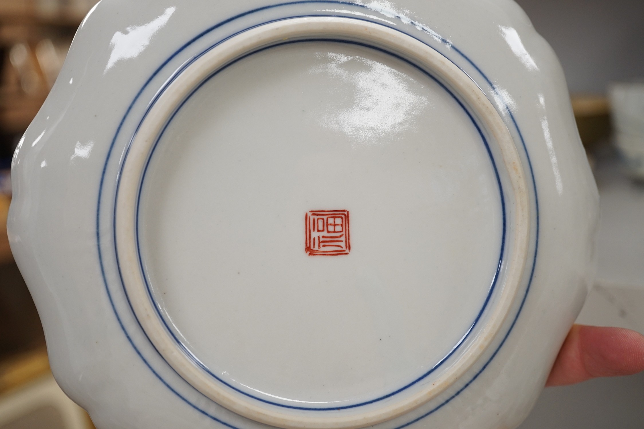 A group of 19th/20th century Japanese ceramics, Including five dishes, three vases, a cup, a Satsuma box and cover and a model of a dog